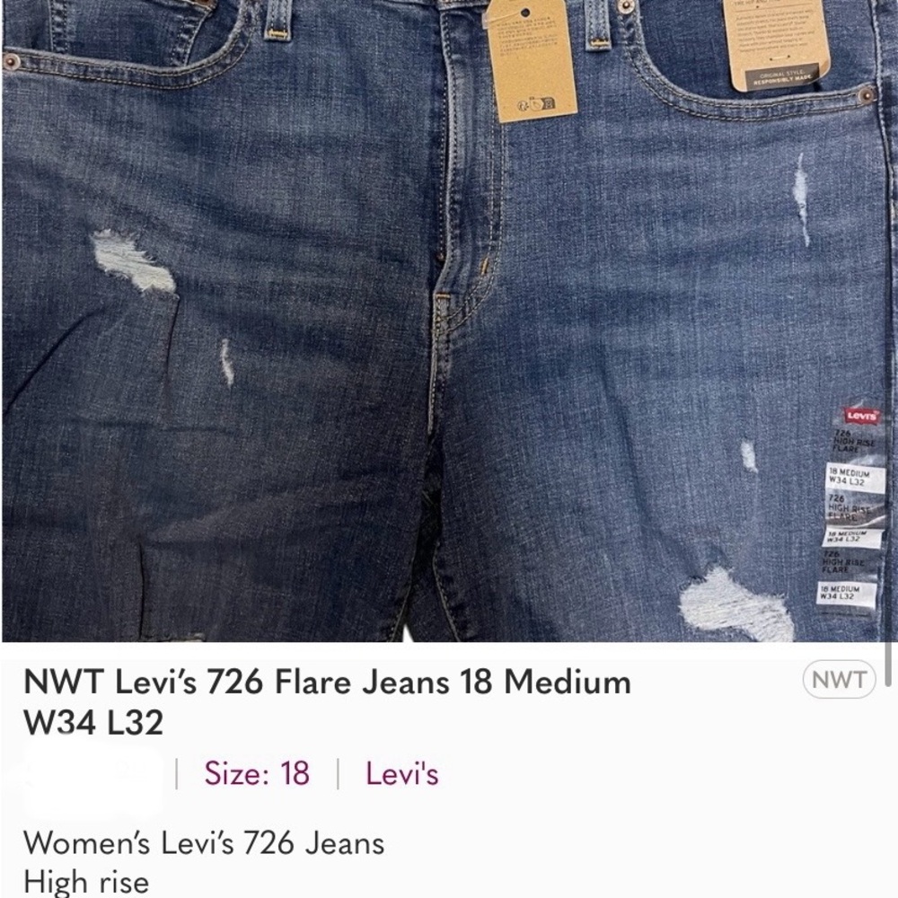 NWT Levi’s 726 Flare Jeans 18 Medium W34 L32